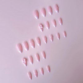 Pink French Tip Press On Nails - Medium, Almond Shape Fake Nails, Glue On, Bow Charm & Pearl Design, 24Pcs Stiletto Full Cover False Nails Cute Acrylic Nails Manicure Artificial Nails for Women