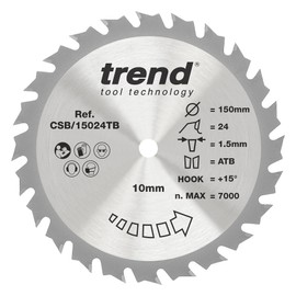 Trend Wood Cordless Circular Saw Blade, 150 mm Diameter, 10 mm Bore, 24 Teeth, HW, 1.5 mm Cutting Width, +15° Hook, CSB/15024TB