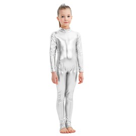 Girls Shiny Metallic Long Sleeve Unitard Spandex One Piece Wet Look Kid Bodysuit