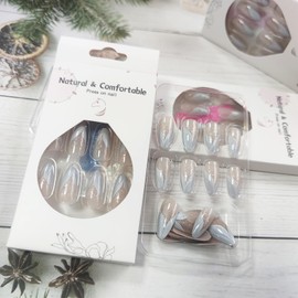 White French Tips Press on Nails with Mermaids Style Medium Almond False Nails 24 Pcs Glossy Silver Glitter Acrylic Fake Nails Gel Glue on Nails Curve Line Stick on Nails for Coquette Women Girls