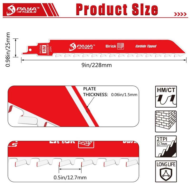 PAYA TOOLS 9-Inch Masonry Reciprocating Saw Blade, 2TPI Carbide Blades