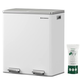 SONGMICS Trash Can, 2 x 8 Gal Garbage Can for Kitchen, with 15 Trash Bags, 2 Compartments, Plastic Inner Buckets and Hinged Lids, Airtight, White and Grey LTB60WT