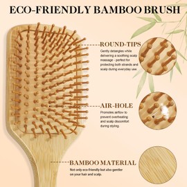 HEYMKGO Hair Brush Set, 5Pcs Natural Bamboo Paddle Detangling Brush for Women and Men, Round Brush, Wide-Tooth and Tail Comb with 2 Size Brush - Reduce Frizz, Travel & Family-Friendly Hair Care Kit