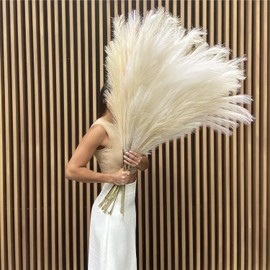 43"/3.6 ft Faux Tall 3Pcs Fluffy Large Pampas Grass Boho Decor-Floral Pompas Stems for Decoration-Feather Floor Vase Filler-Long Artificial Fake Dried Flowers for Home & Room (Beige)