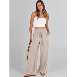 ANRABESS Women's Linen Pants Summer Casual Palazzo Beach Pant Drawstring High Waist Wide Leg Trousers Vacation Outfits Small Apricot