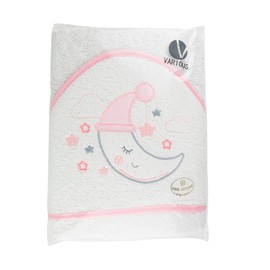 various 100% Cotton Terry Towelling Hooded Baby Bath Towel, 100 x 100 cm, Hooded Baby Towel, Soft and Absorbent, Moon Design, White/Pink