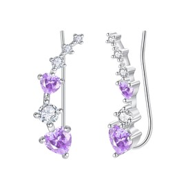 KINGWHYTE Heart Climber Earrings for Women 925 Sterling Silver Birthstone Earrings Crystal Earrings Birthstone Jewellery Birthday Gifts, Sterling Silver, Alexandrite