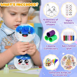 Rotatingpals 10 Pcs Calm Down Sensory Bottles Corner Sensory Toys Clear Containers Include Glitters, Stickers, Glitter Glue, Feathers, Bells, Fur Balls for DIY Art Activity Fun Crafts Party Supplies