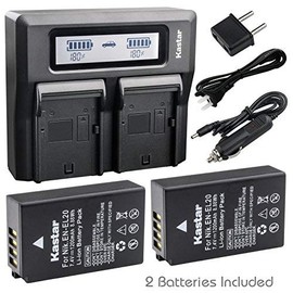Kastar Fast Dual LCD Charger + 2X Battery for Nikon EN-EL20, EN-EL20A and Coolpix A, Nikon 1 AW1, J1, J2, J3, S1, V3, DL24-500, Blackmagic Pocket Cinema Camera (7.4V, 1200mAh, 1000mA*2)