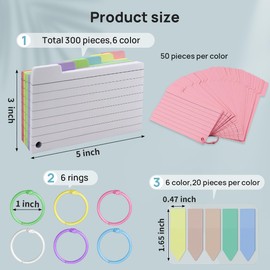 300 Pack Index Cards, 3" x 5" Ruled Index Cards with Ring, Colored Lined Flash Cards, Both Sides Note Cards Study Cards, Memo Scratch Pad for Office School Home (6 Colors)…