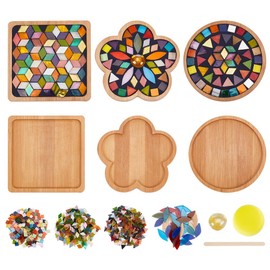 WEBEEDY 3 Set DIY Mosaic Coaster Kit Mosaic Tiles for Crafts, Glass Mixed Color Mosaic Kits with Bamboo Coaster for Adults Household Decoration Christmas Holiday Birthday Gift(Flower/Square/Round)