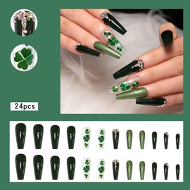 Yivaiks Long Press on Nails Coffin Fake Nails with Glue on Nails Flower Design Green Nails for Women and Girls Rhinestones Falsh Nails…