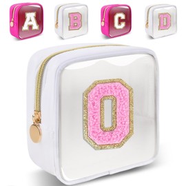 Small Clear Personalized Initial Letter Makeup Bag, A-Z Chenille Patch Preppy Nylon Cosmetic Bag with Zipper, TSA Approved Transparent Waterproof Travel Toiletry Bag Travel Essentials for Women,