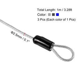 TOP-VIGOR 3Pcs Security Steel Cable, 2.5mm x 1m / 3.28ft Coated Safety Wire Rope Double Loop Flexible Security Cable Lock for Outdoor Travel Luggage Bike, Transparent, Black, Blue
