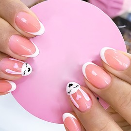 Easter Almond Press on Nails Medium Glossy False Nail Kits with White French Tip Cute Bunny Heart Design Stick on Nails for Easter Gift Acrylic Fake Nails Sets for Women Girls 24pcs