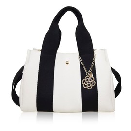 Giselle Women's Shoulder Bag, Tote Bag, 2-Way Mini Tote, White x Black [Charm: Camelia]