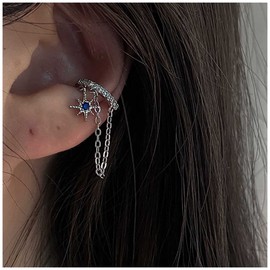 Inilbran Boho Sapphire Star Ear Cuff Earrings Vintage Crystal Cuff Chain Earrings Silver Starburst Clip Cuff Earrings CZ Tassel Cartilage Clip Earrings Jewelry for Women and Girls
