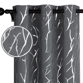 Melodieux Thermal Insulated Room Darkening Blackout Curtains for Living Room Bedroom, Silver Tree Branches Twigs Print Grommet Drapes, 42 by 63 Inch, Grey (2 Panels)