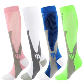 Kickticks - 4 pares de calcetines de compresión para mujer y hombre, unisex, 20-30 mmHg hasta la rodilla, talla grande, para correr, 01 Azul | Blanco | Verde | Rosa, S-M