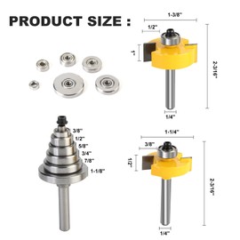 Yueqing Zhongji Rabbet Router Bit 1/4 Inch with 6 Bearings,Carbide Tipped Rabbeting Router Bit Set for Multi Depths 1/2", 7/16", 3/8", 5/16", 1/4", 3/16", 1/8", 1/16" Interchangeable Bearings
