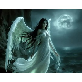 A Dark Angel with Glowing Wings Overlooks a Moonlit Ocean Poster Print 18 x 24