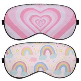 Deokke 2 PCS Sleep Mask Silk Eye Mask with Adjustable Strap for Sleeping EyeShade Cover Soft Cute Aesthetic for Women Girls Men Airplane Travel Nap (YZ11-Pink Heart Rainbow)
