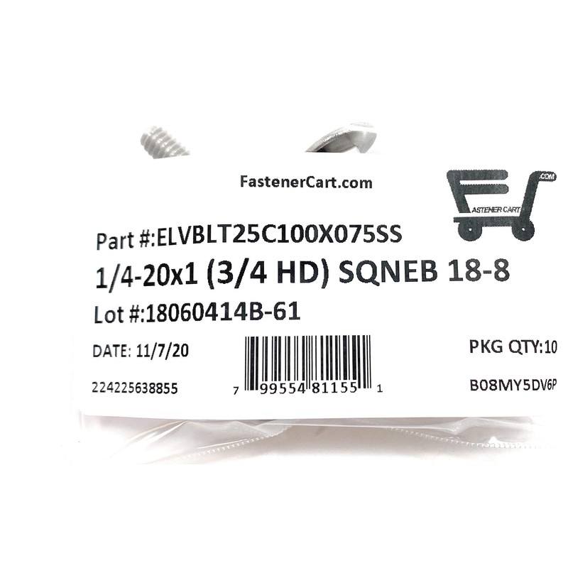 (10) 1/4-20x1 Stainless Steel Elevator Bolt Square Neck (3/4 Diameter