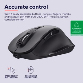Trust Fyda Aufladbare Kabellose Maus, Nachhaltiges Design, 800-2400 DPI, 6 Tasten, Daumen- und Fingerauflage, 2,4 GHz, Funkmaus mit USB-Empfänger, Ergonomische Maus für Laptop, PC, MacBook, Büro