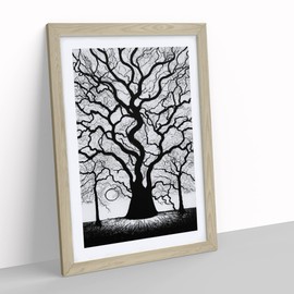 Monochrome Tree Art No.2 Framed Print for Living Room Bedroom Home Office Décor, Wall Art Picture Ready to Hang, Oak A4 Frame (34 x 25 cm)