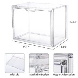 FABROK 2Pcs Clear Book Storage Organizer Box, Plastic Stackable Book Display Case with Magnetic Door, Assemble Storage Showcase for Toy Dolls, Books, Shoes Organizing