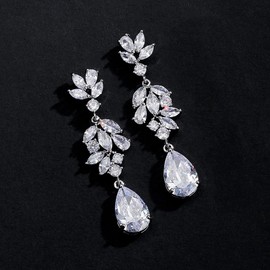 DIAMANTIO Wedding Earrings Teardrop Elegant Dangle Drop CZ Marquise Cubic Zirconia AAAAA 18K Gold Plated Rhinestone for Brides Bridal Wedding Bridesmaid Prom Women Crystal (Silver)