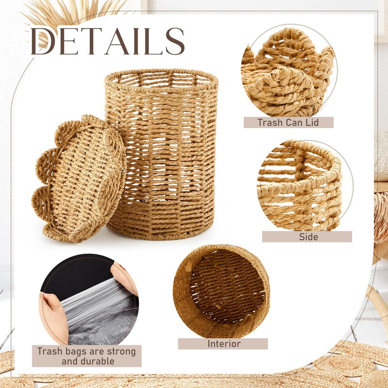 Ctosree 1.3 Gallons Small Wicker Trash Can with Lid Handle