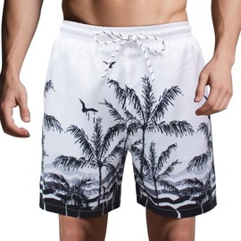 MEILONGER Mens Swim Shorts with Compression Liner 2 in 1 Swimming Trunks for Mens Quick Dry Bathing Suits 7 inch(Black White Tree,M