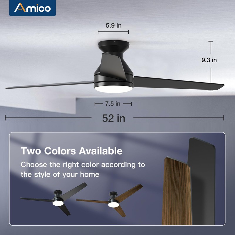 Amico Ceiling Fans with Lights, 52 inch Low Profile Ceiling