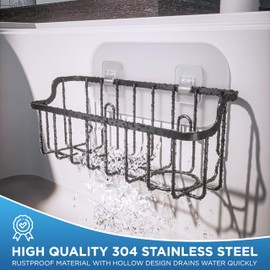 Sponge Holder for Kitchen Sink: 2-in-1 Kitchen Organizer for a Sponge & Dish Brush- 304 Stainless Steel Sink Caddy with Suction Cups & Adhesive Hook - Matte Black