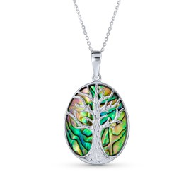 Rainbow Abalone Shell Large Oval Wishing Tree Family Tree of Life Pendant Necklace Western Jewelry for Women .925 Sterling Silver