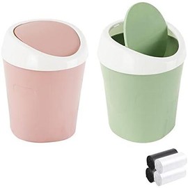 2 count Plastic Mini Wastebasket Trash Can with 120 Trash Bags, Tiny Desktop Waste Garbage Bin with Swing Lid for Home, Office, Kitchen, Vanity Tabletop, Bedroom, Bathroom (Blue + Green) - Color: Green + Pink