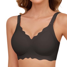 Xnova Women's Full Coverage Bras Non Wired, Scalloped Wireless Tshirt Bralettes Smooth Seamless, Comfort Sleep Everyday Padded Bra Tops with Adjustable Shoulder Straps (Black, L)