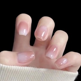 RUPOFUZA Nude Short Square Press On Nails Peach Lrregular Bleaching Design Short Fake Nails with Nail Glue, Reusable Artificial Nails Stick On Nails for Women
