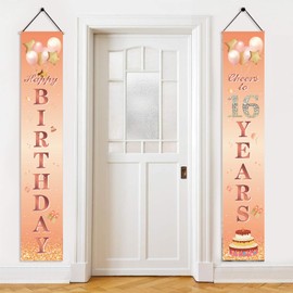 Happy 16th Birthday Door Banner Party Decorations,Rose Gold Fabric 16th Birthday Door Porch Sign Banner for Girls Women Ladies 16 Years Old.Birthday Party Indoor Outdoor Decor Supplies