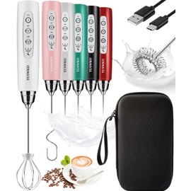 YUSWKO Rechargeable Milk Frother Handheld Frother Wand Drink Mixer for Coffee, Electric Whisk 3 Speed Adjustable, Coffee Foamer Maker with 3 Stainless Whisks Ideal Stirrers for Travel - White
