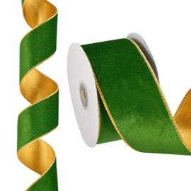 PATIKIL 10 Yards x 2.5" Christmas Ribbon, Velvet Ribbons Gift Wrapping Ribbon for Craft Birthday Wedding Festival Holiday Decoration, Green/Gold