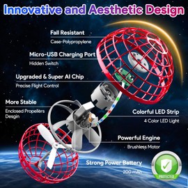 ANOEPUY Flying Orb Ball Toys 2024, Hover Boomerang Spinner Fly Ball Toys for Kids Teen Boys Girls, Soaring Hand Controlled Mini Drone Cosmic Globe Spinning Birthday for 6 7 8 9 10 11 12(Red)