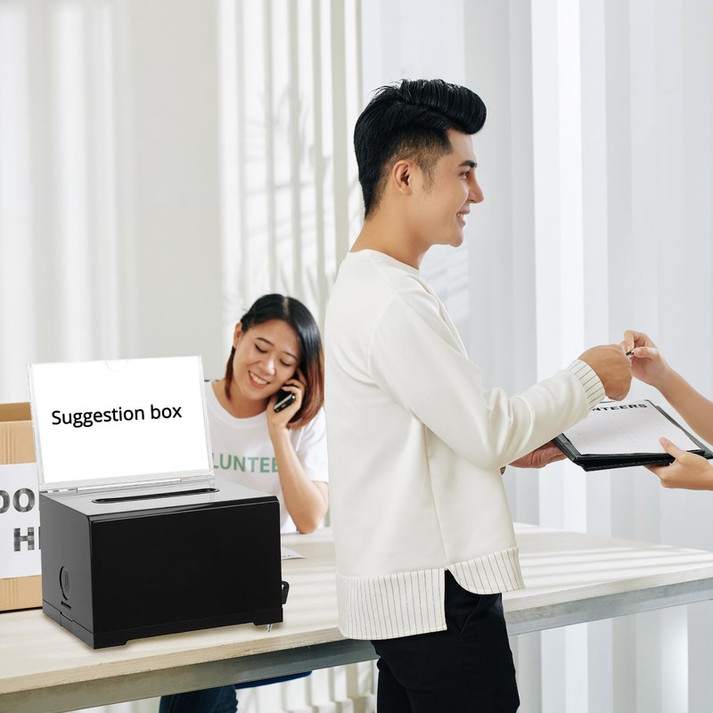 QWORK® Black Acrylic Donation Box With Lock and Sign Holder