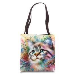 Munchkin Cat Floral Folk Flowers Watercolor Splash Tote Bag