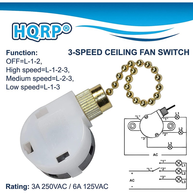 HQRP Ceiling Fan Pull Chain 3-Speed 4-Wire Control Switch Compatible