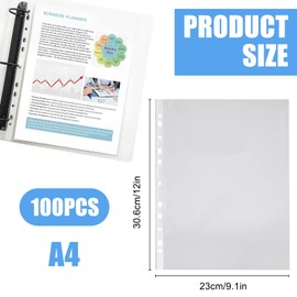 A4 Clear Plastic Sleeves - 100 Pack 11-Hole Punch Pockets, Top Opening Poly Pocket Sheet Protectors, Ring Binder Folders Inner Pages, Extra Strong Plastic File Cover Sleeves for Documents Receipts 4c
