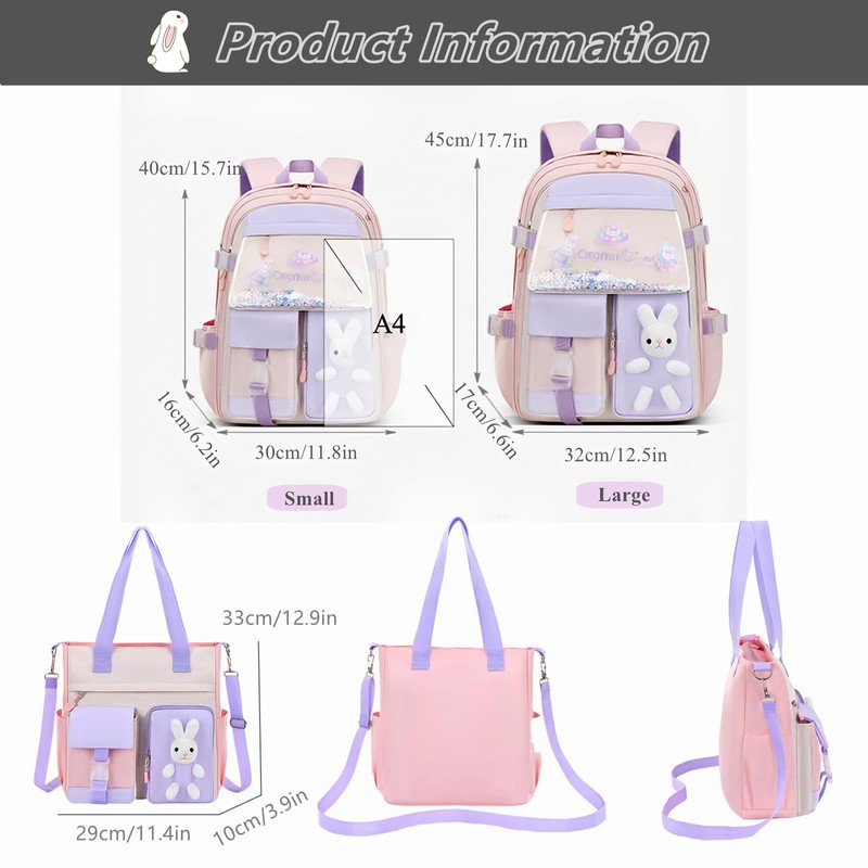 2Pcs Kawaii Bunny Primary Girls Backpacks Elementary School Bags Bookbags
