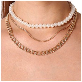 Allereya Layered Pearl Chain Necklace Pearl Collar Choker Punk Layered Curb Chain Necklace Gold Chunky Link Chain Necklace Jewelry for Women and Girls