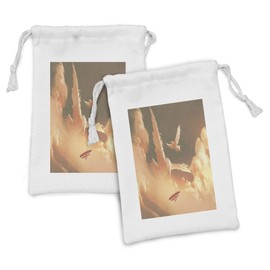 Ambesonne Fantasy Fabric Pouch Set of 2, Mythical Phoenix Bird Shaped Fluffy Cloud in Sunset with Plane Freedom Paint Print, Small Drawstring Bag for Toiletries Masks and Favors, 9" x 6", Cream Blue